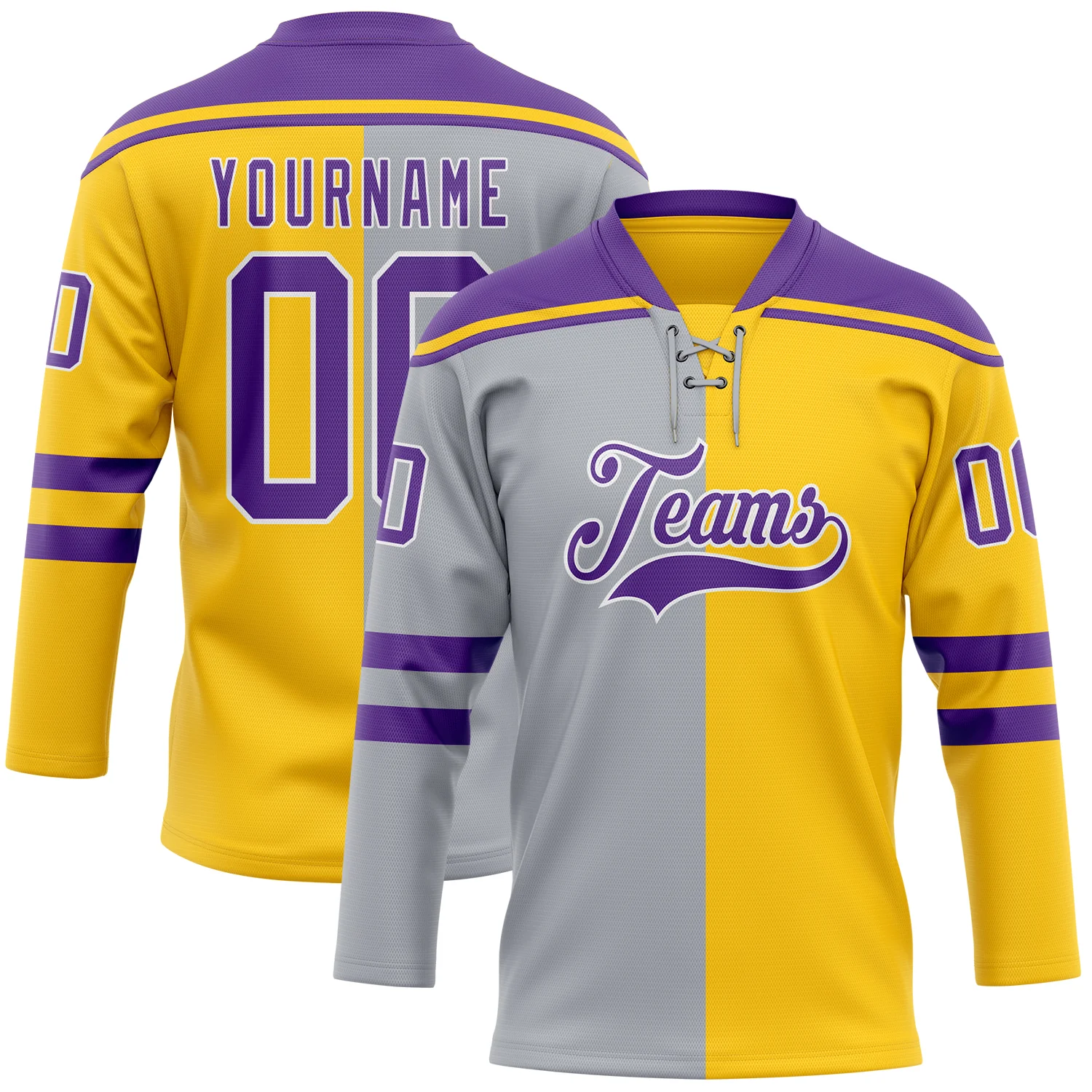 Custom Yellow Purple Gray-White Split Fashion Hockey Lace Neck Jersey