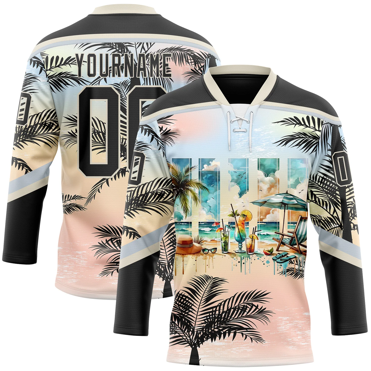 Custom Black Pink Cream-Silver 3D Pattern Gradient Hawaii Tropical Palm Trees Hockey Lace Neck Jersey