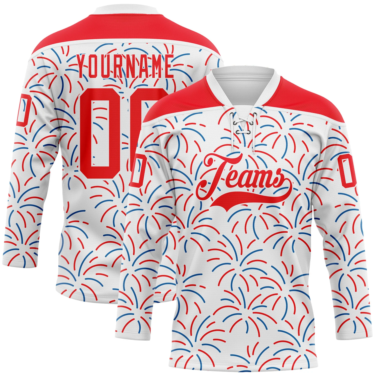 Custom White Fire Red-Royal American Flag Fireworks Hockey Lace Neck Jersey