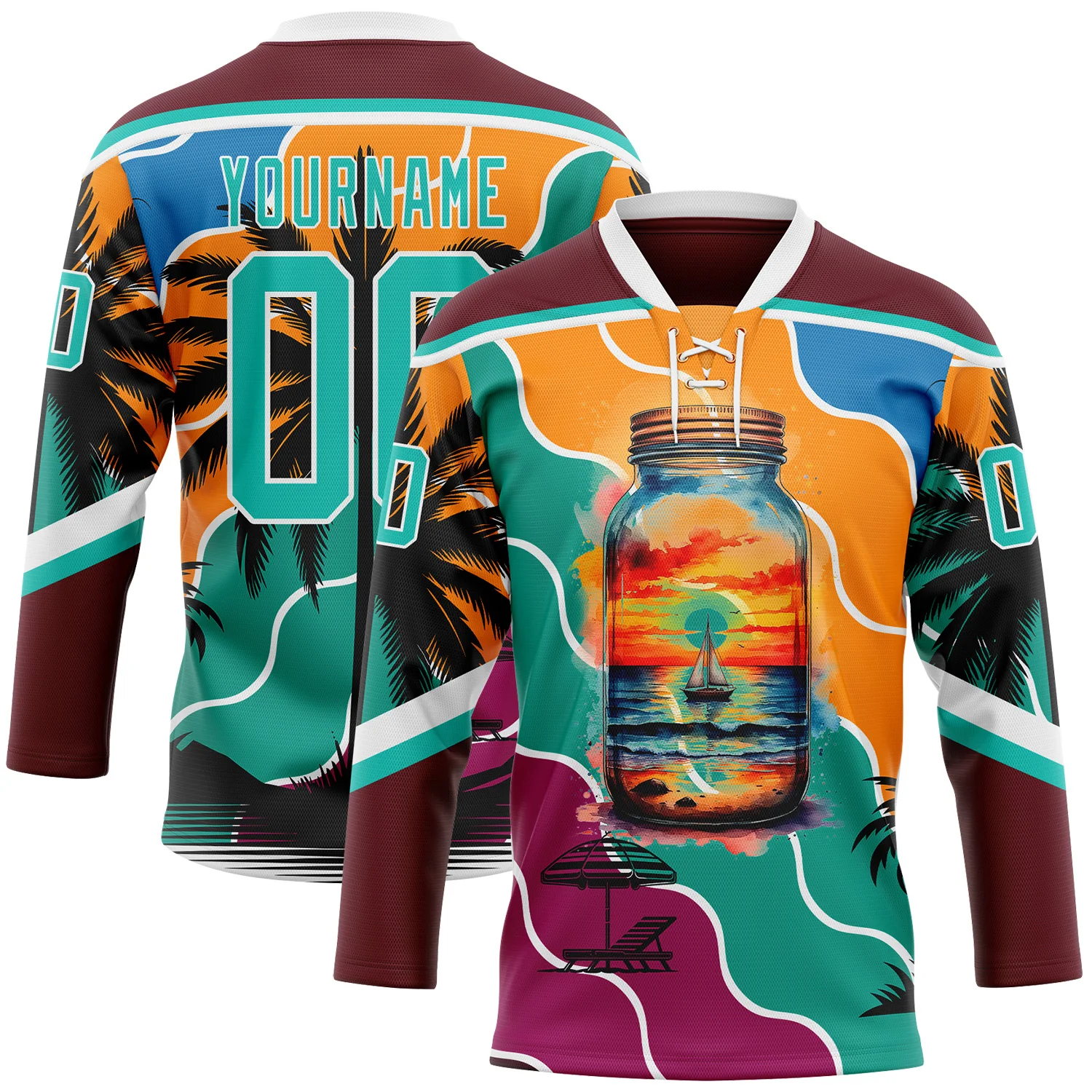 Custom Burgundy Aqua Orange Blue-White 3D Pattern Gradient Hawaii Tropical Palm Trees Hockey Lace Neck Jersey