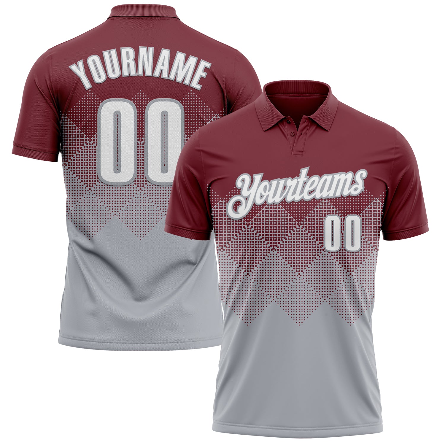 Custom Burgundy White-Gray 3D Gradient Square Shape Performance Polo Shirt
