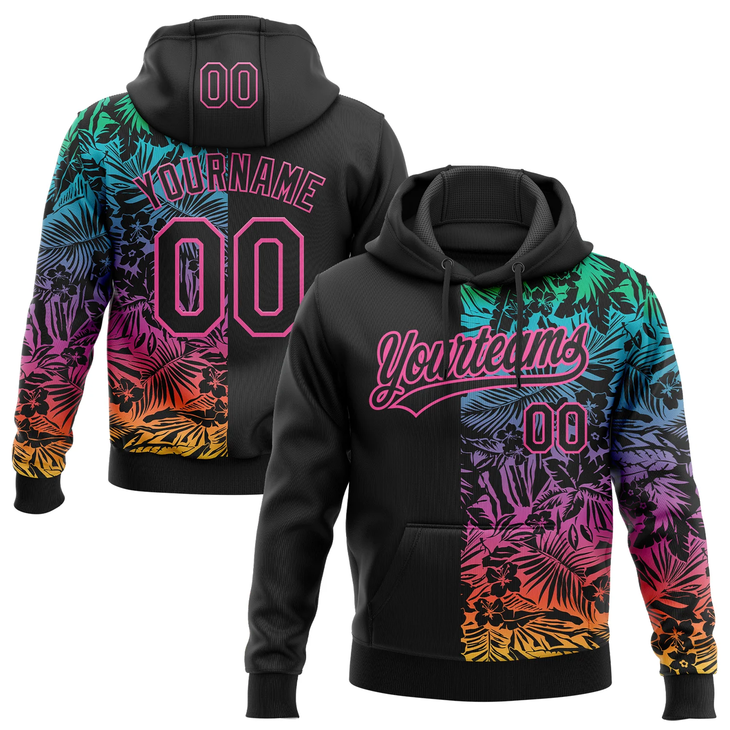 Custom Stitched Black Pink 3D Tropical Hawaii Palm Leaves Sports Pullover Sweatshirt Hoodie