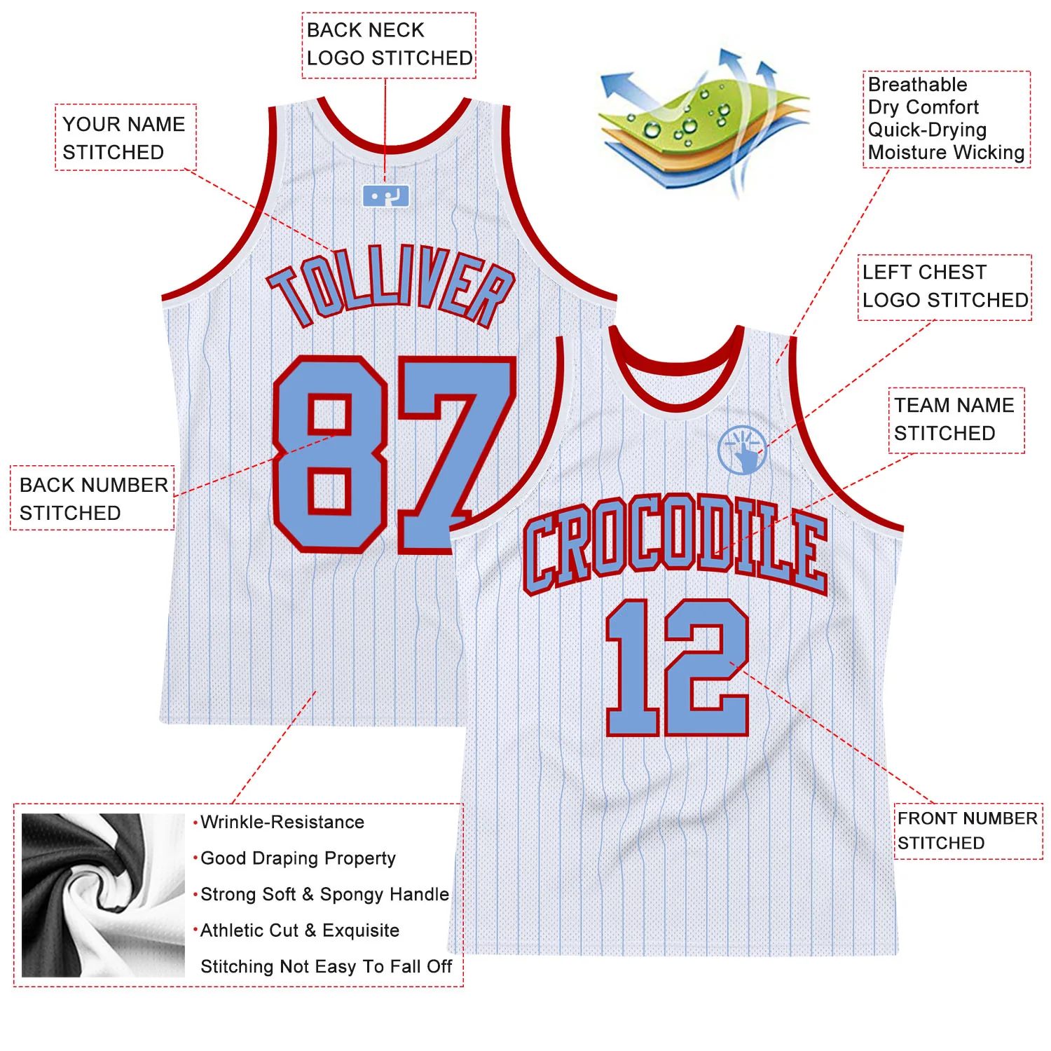 Custom White Light Blue Pinstripe Light Blue-Red Authentic Basketball Jersey