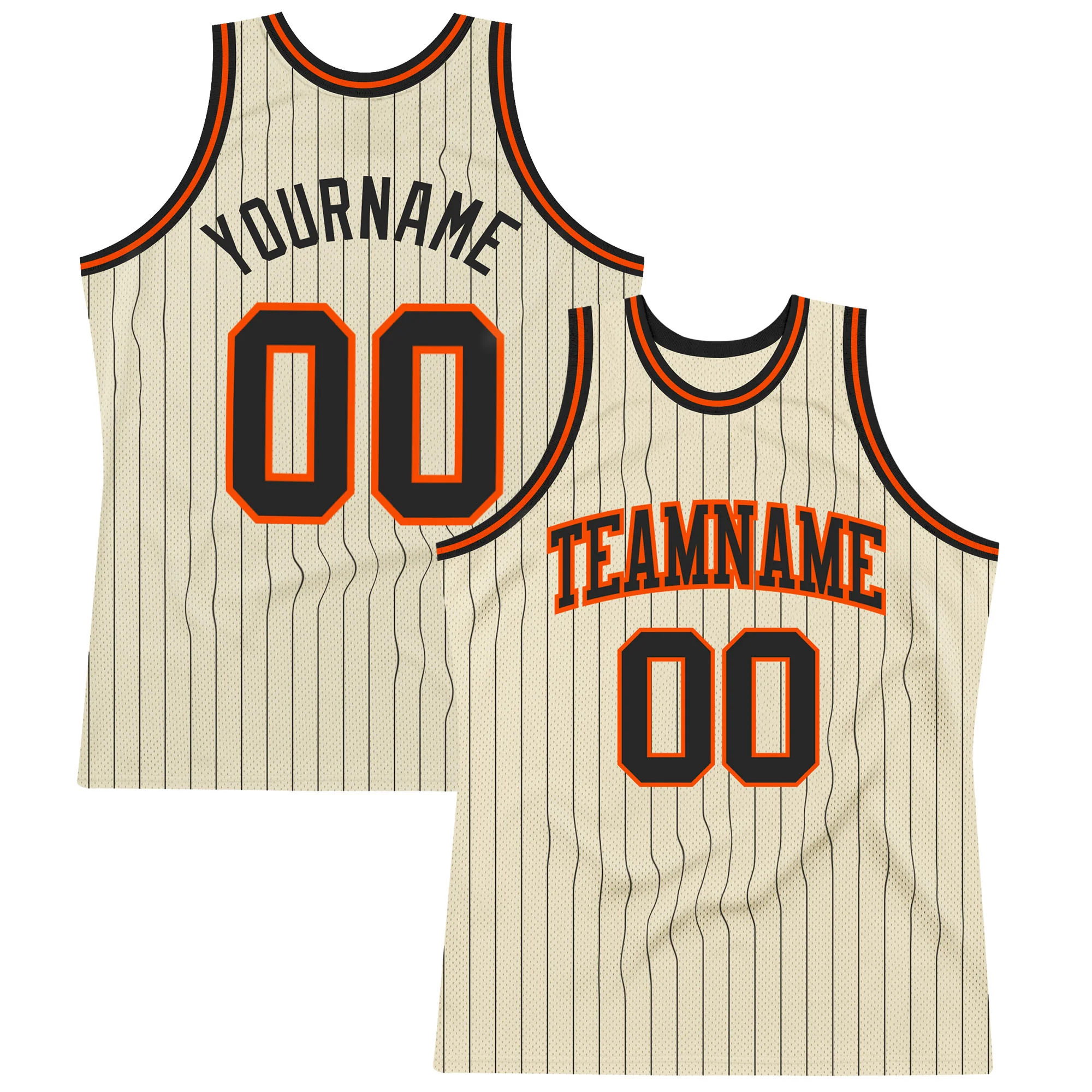 Custom Cream Black Pinstripe Black-Orange Authentic Basketball Jersey
