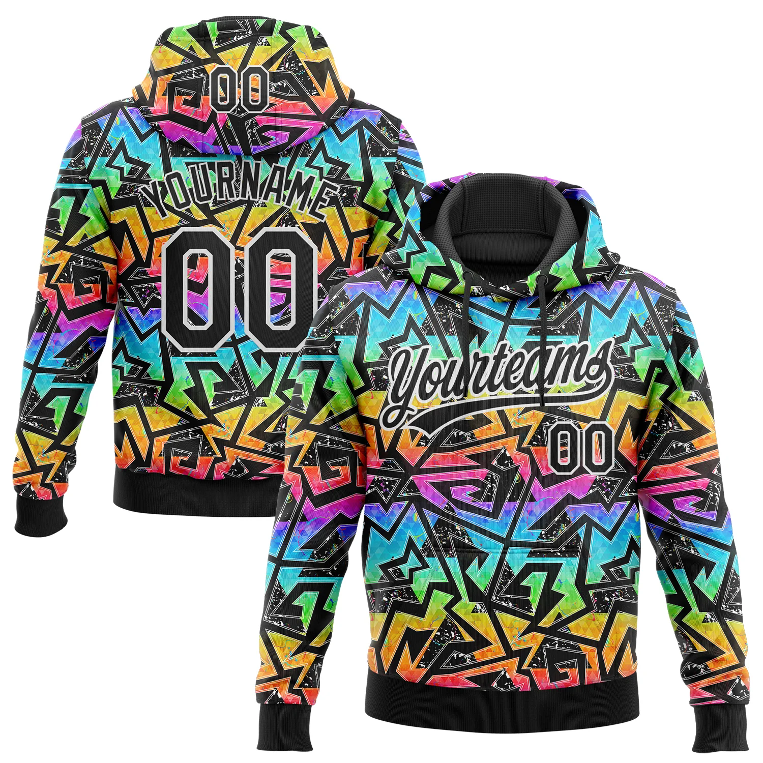 Custom Stitched Graffiti Pattern Black-White 3D Abstract Geometric Sports Pullover Sweatshirt Hoodie