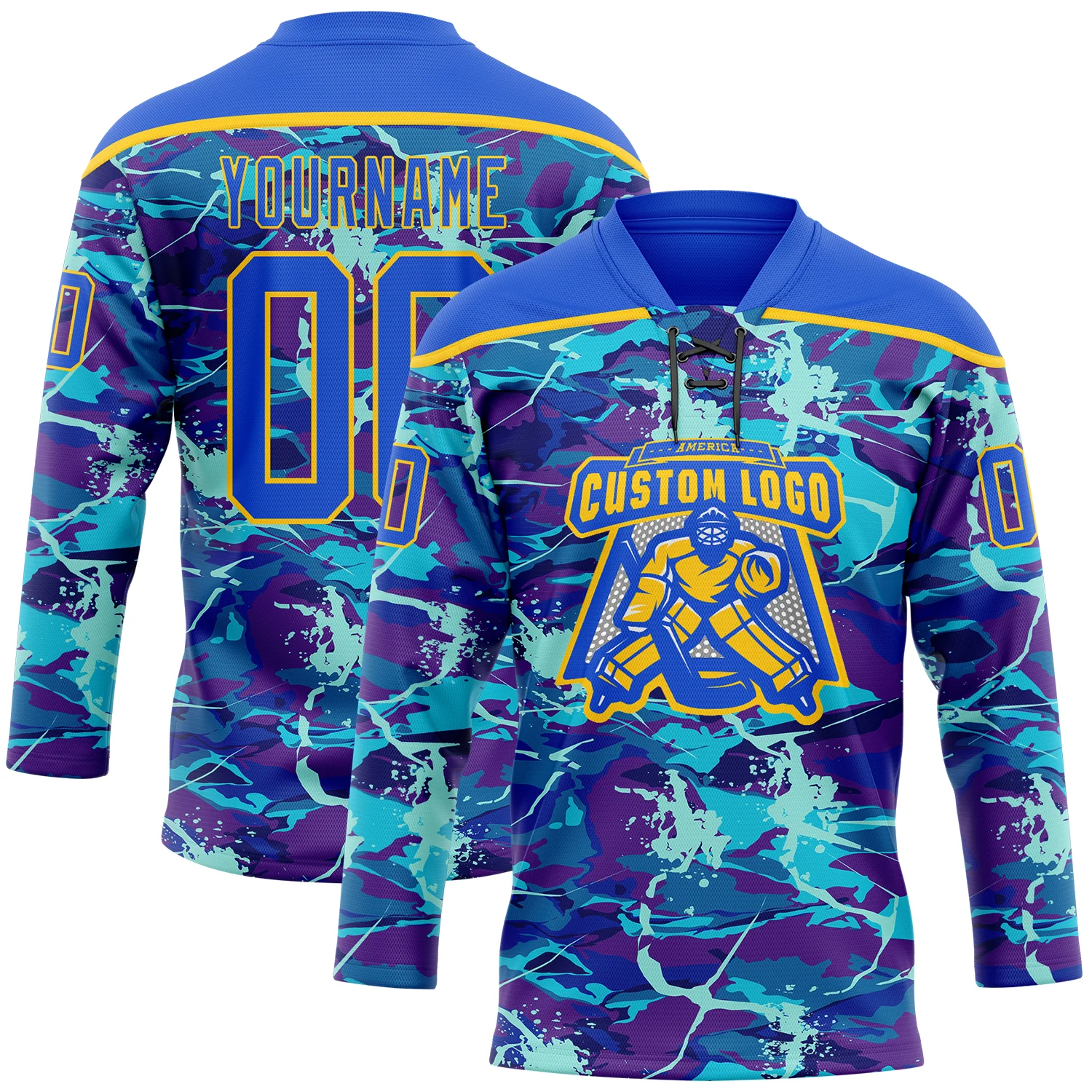 Custom Blue Thunder Blue-Yellow 3D Pattern Lightning Hockey Lace Neck Jersey