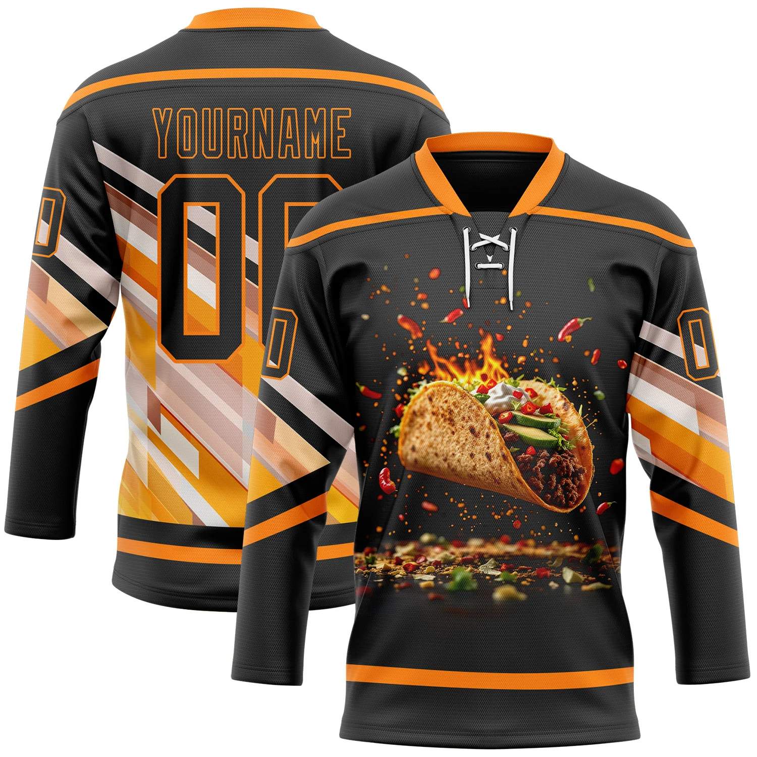 Custom Black Bay Orange-White 3D Pattern Design Foodie Funny Tacos Hockey Lace Neck Jersey