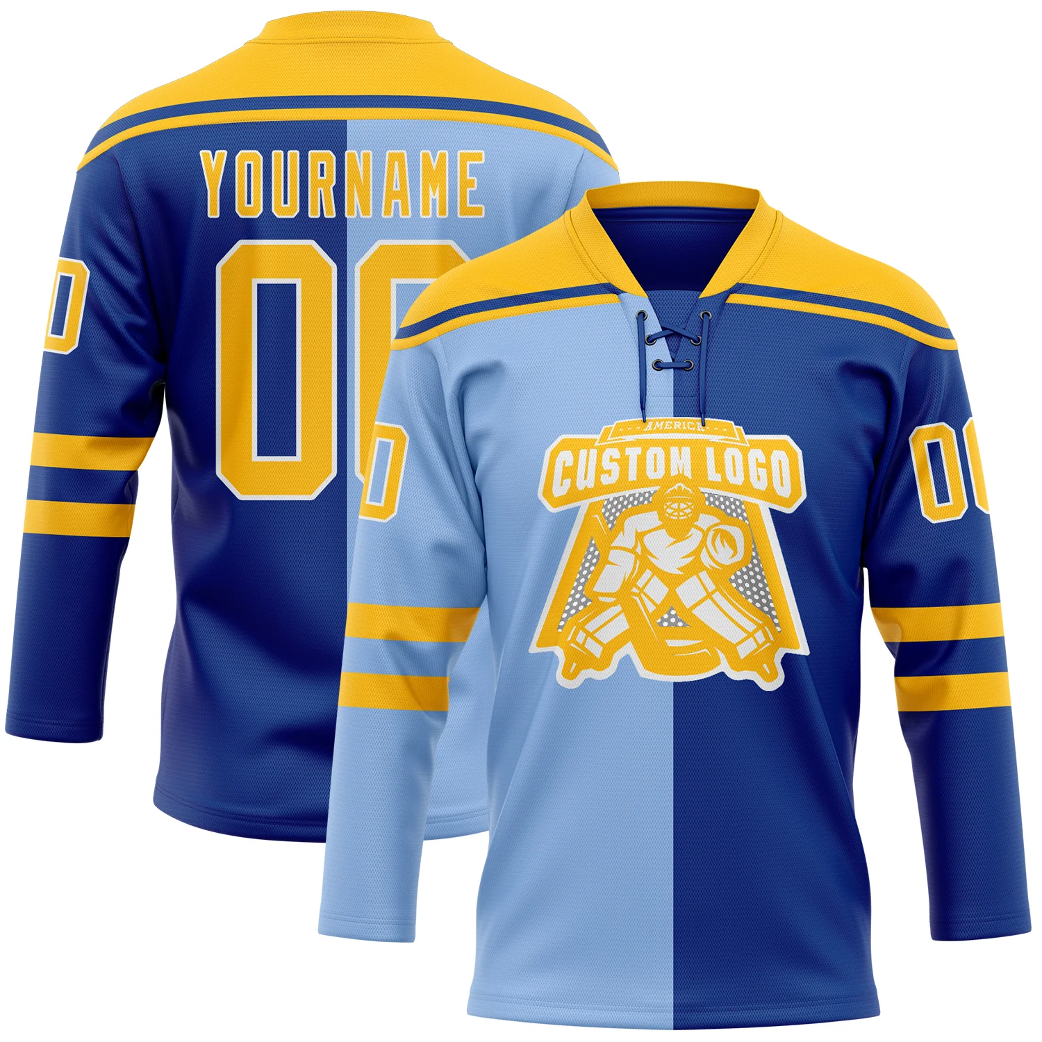 Custom Royal Gold Light Blue-White Red-Royal Split Fashion Hockey Lace Neck Jersey