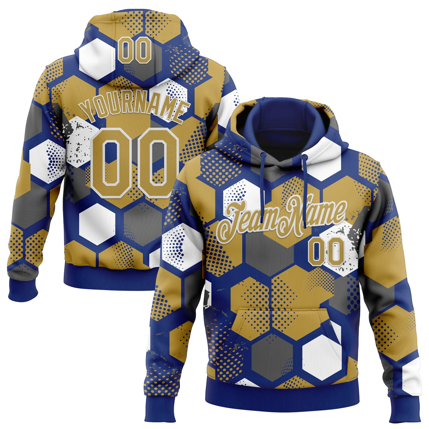 Custom Stitched Royal Old Gold-White 3D Pattern Design Geometric Shape Sports Pullover Sweatshirt Hoodie