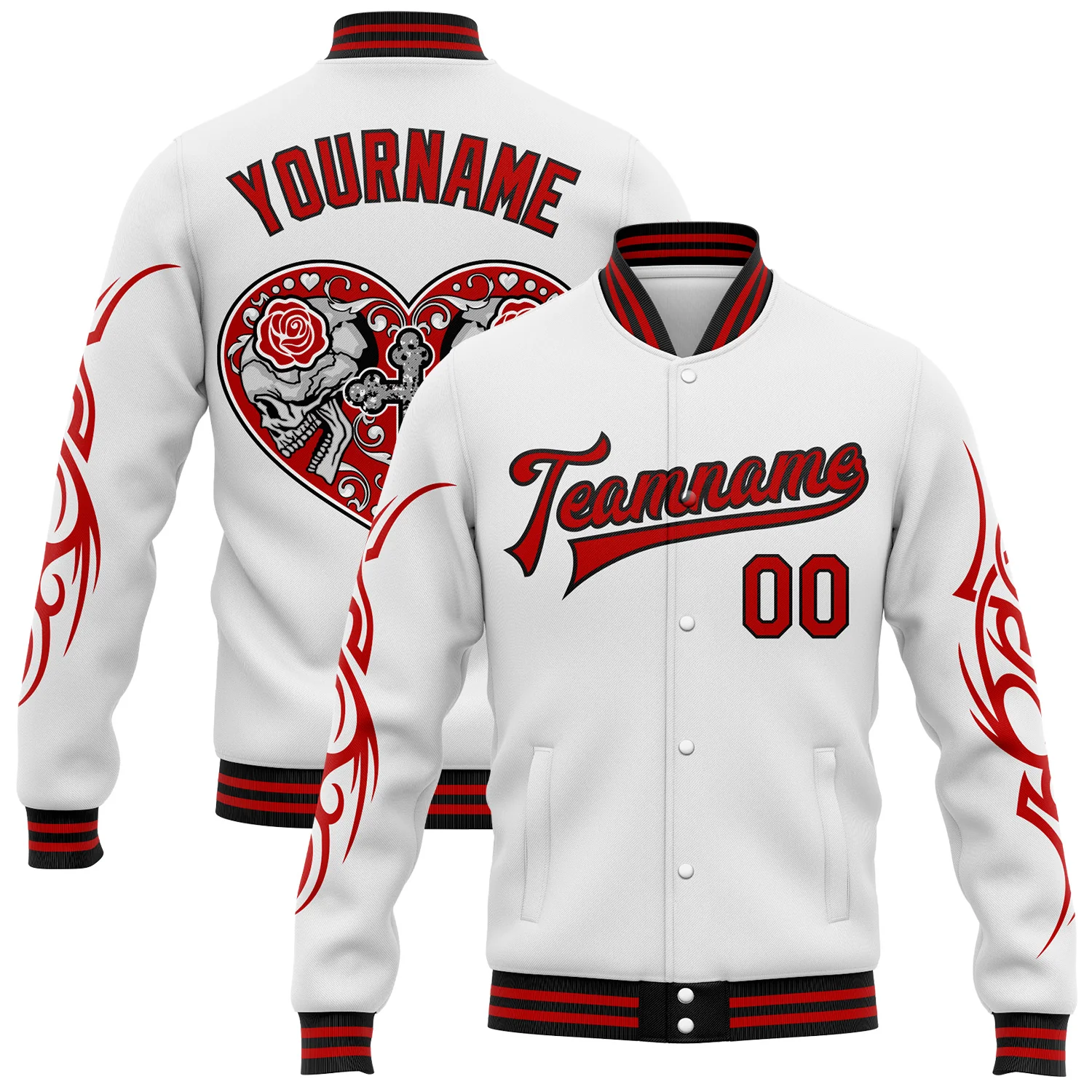 Custom White Red-Black Gothic Skull 3D Pattern Design Bomber Full-Snap Varsity Letterman Jacket