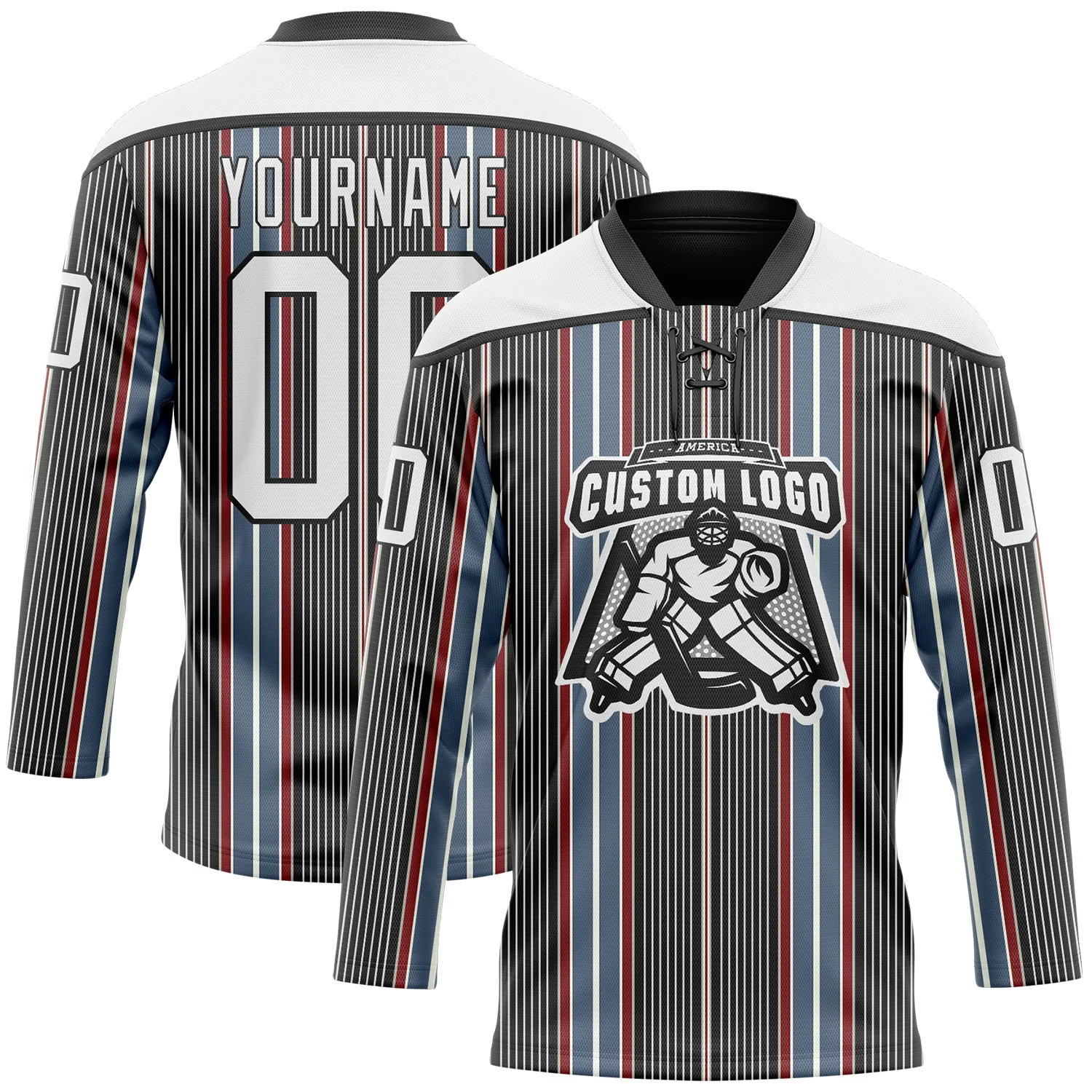 Custom Black White Red-Blue 3D Pattern Design Stripe Hockey Lace Neck Jersey
