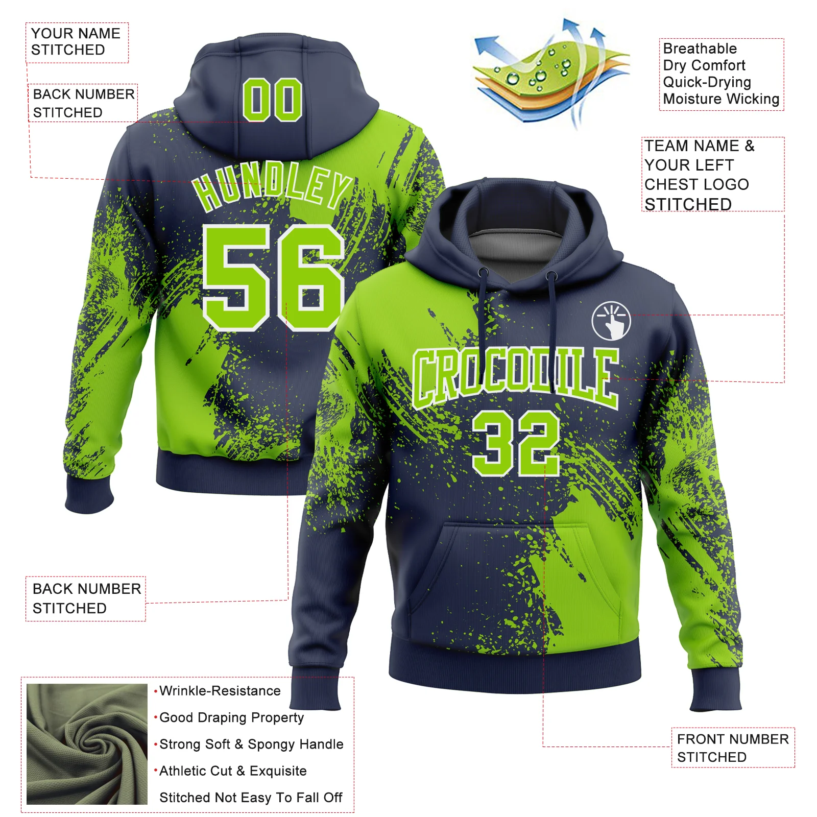 Custom Stitched Navy Neon Green-White 3D Pattern Design Abstract Brush Stroke Sports Pullover Sweatshirt Hoodie