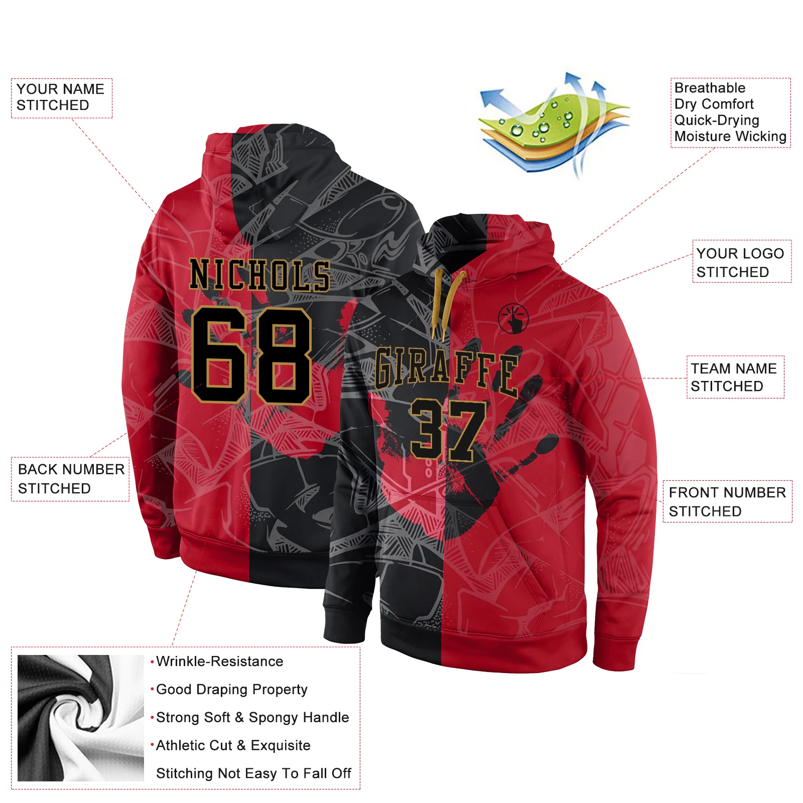 Custom Stitched Graffiti Pattern Black-Old Gold 3D Sports Pullover Sweatshirt Hoodie