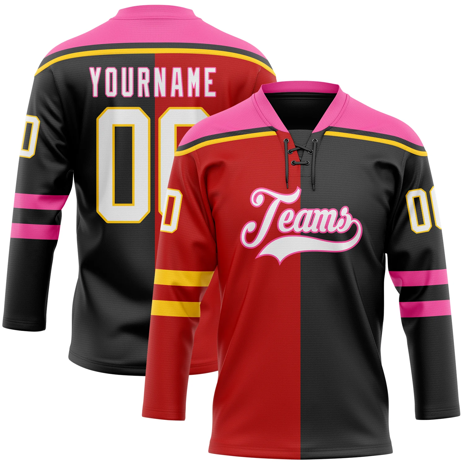 Custom Black White Red Pink-Yellow Split Fashion Hockey Lace Neck Jersey