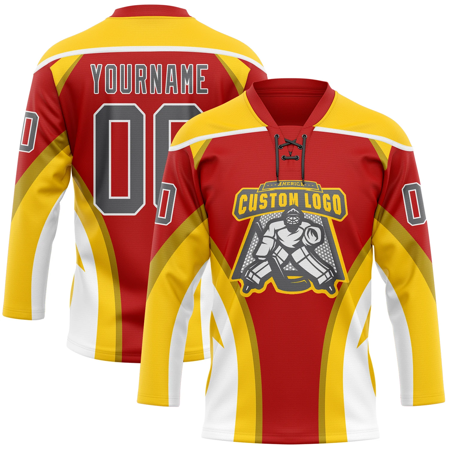 Custom Red Steel Gray Yellow-White 3D Abstract Pattern Graphic Cyber Mecha E-sport Hockey Lace Neck Jersey