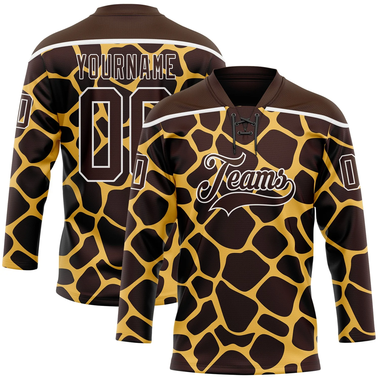Custom Brown White 3D Pattern Giraffe Print Neon Hockey Lace Neck Jersey
