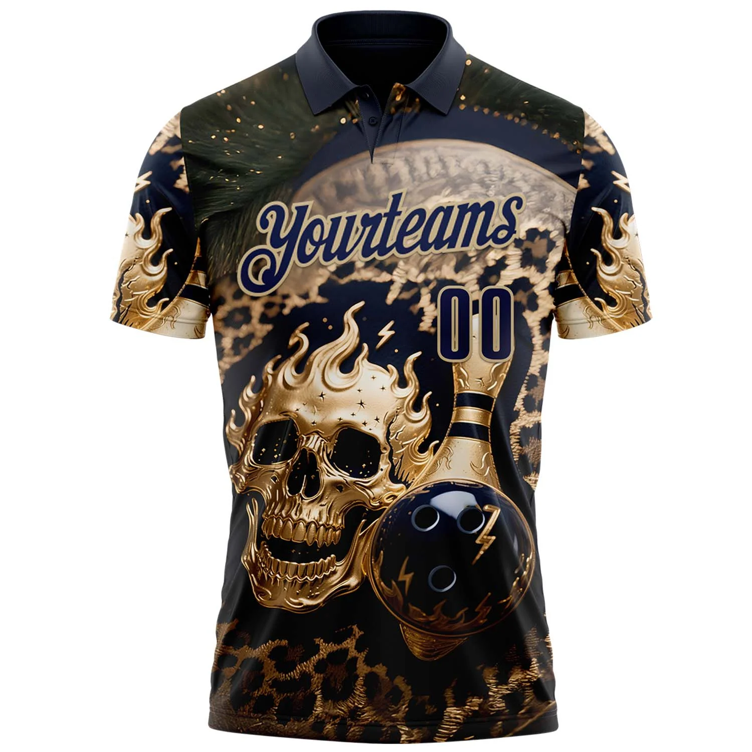 Custom Navy Vegas Gold 3D Leopard Print Metal Skull Bowling Performance Polo Shirt
