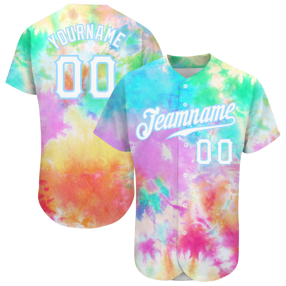 Custom Tie Dye White-Light Blue 3D Rainbow Authentic Baseball Jersey