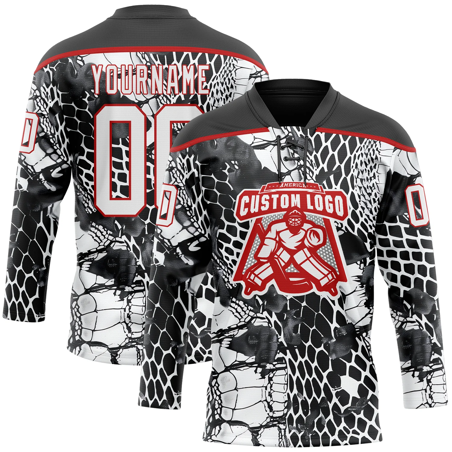 Custom Black White-Red 3D Pattern Snake Skin Print Hockey Lace Neck Jersey