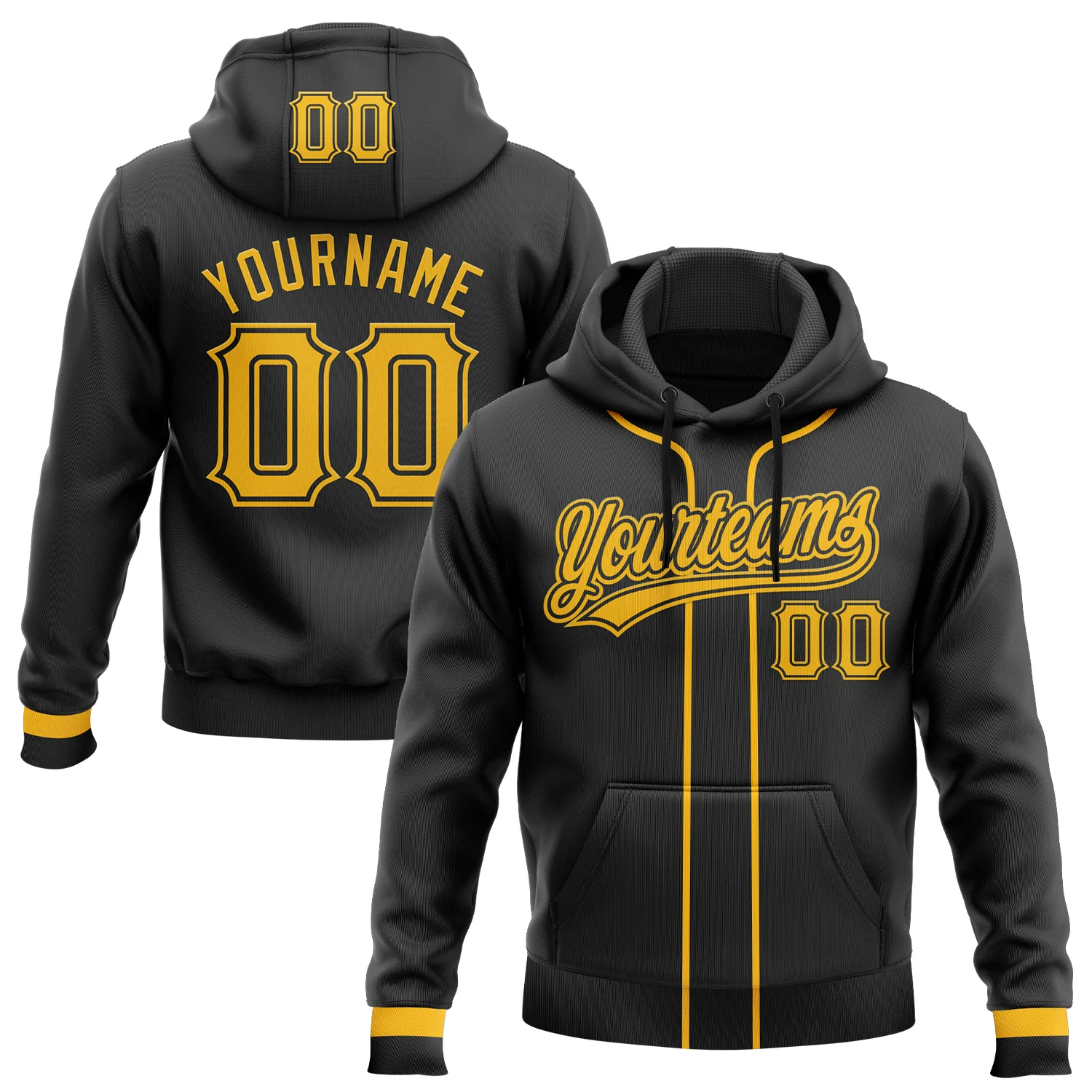 Custom Stitched Black Gold Baseball Pullover Sweatshirt Hoodie