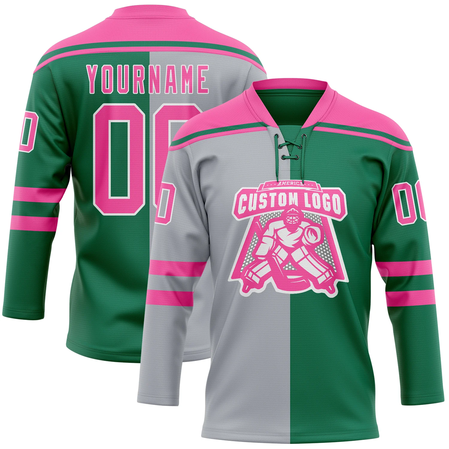 Custom Kelly Green Pink Gray-White Split Fashion Hockey Lace Neck Jersey