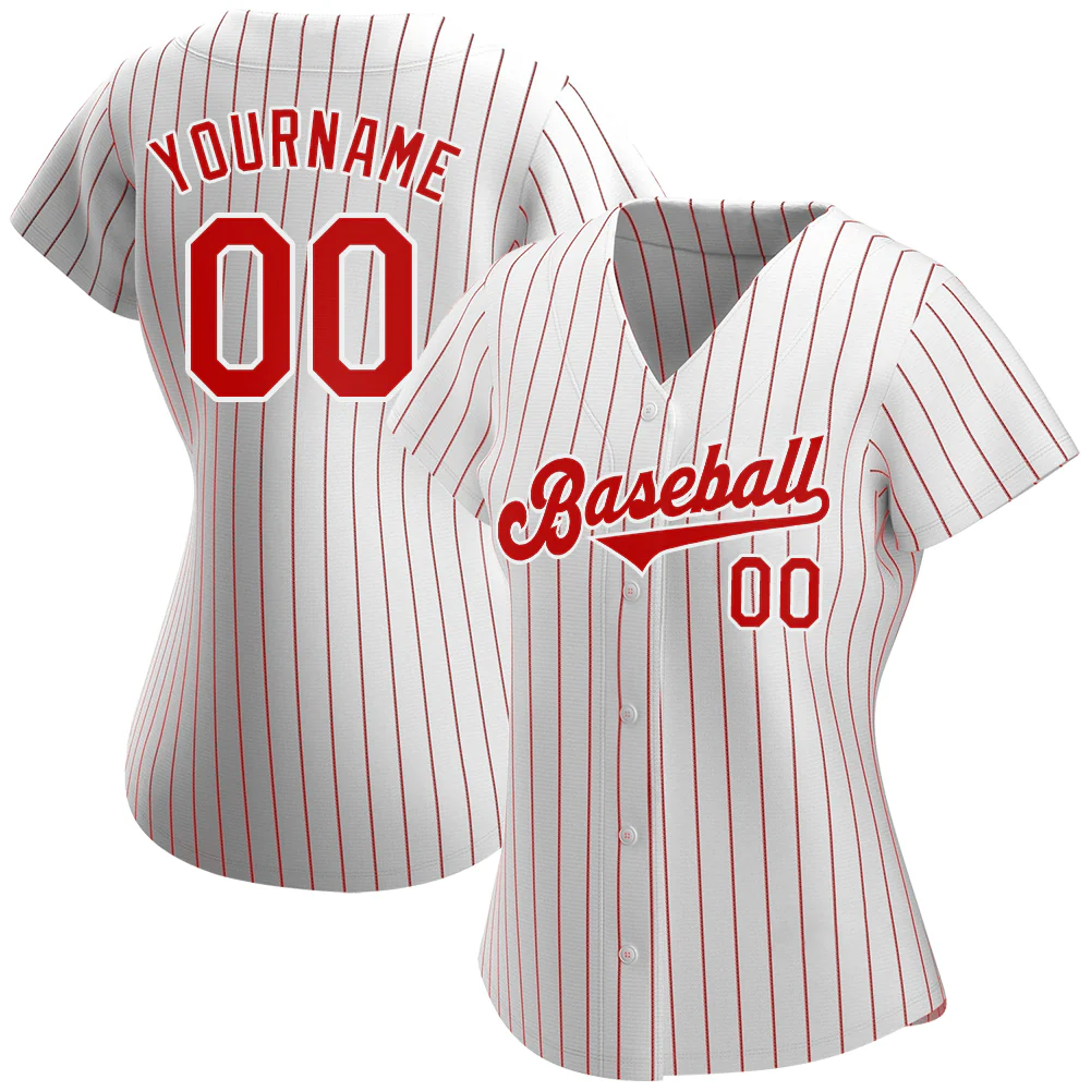 Custom White Red Pinstripe Red-White Authentic Baseball Jersey
