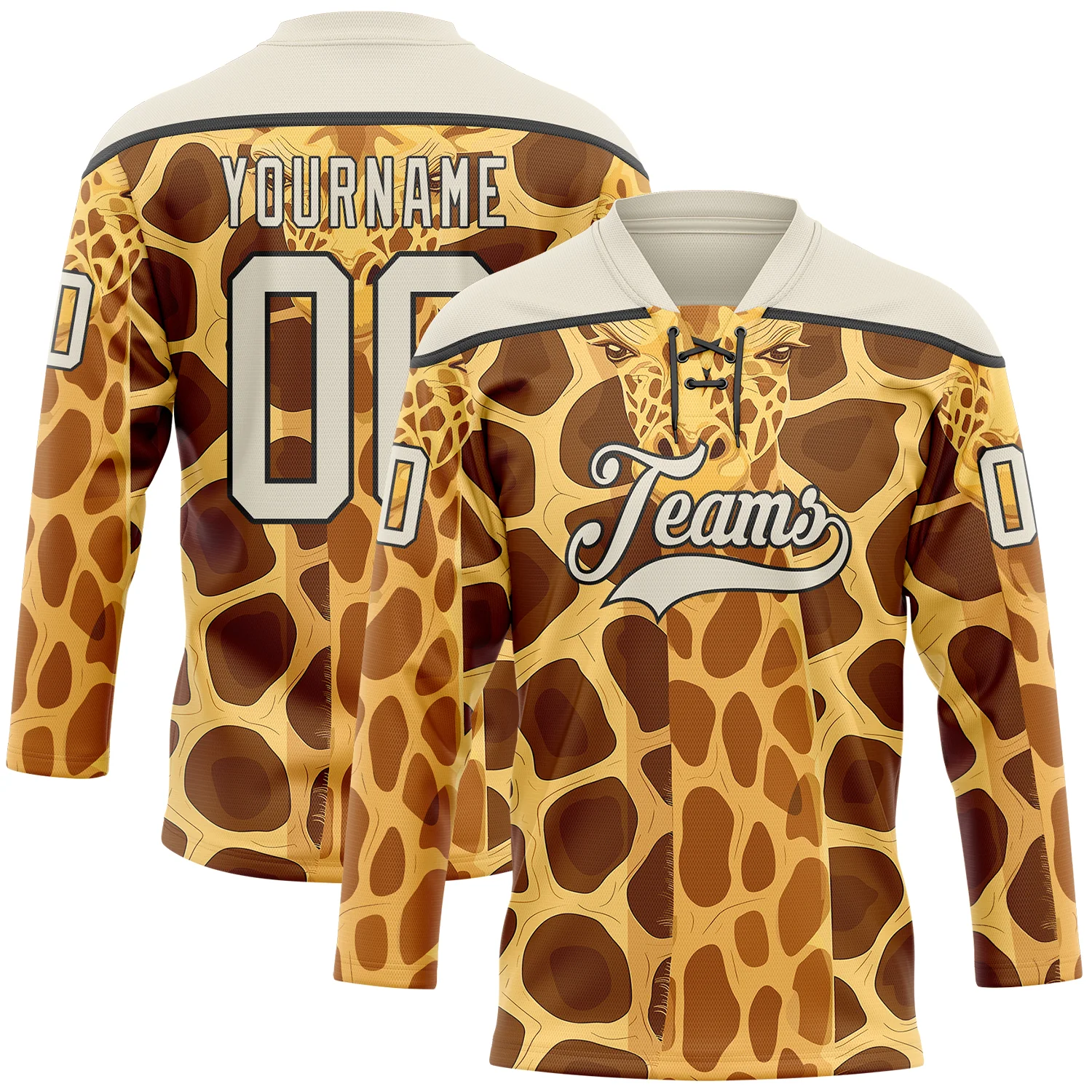 Custom Yellow Cream Brown-Black 3D Pattern Giraffe Print Hockey Lace Neck Jersey