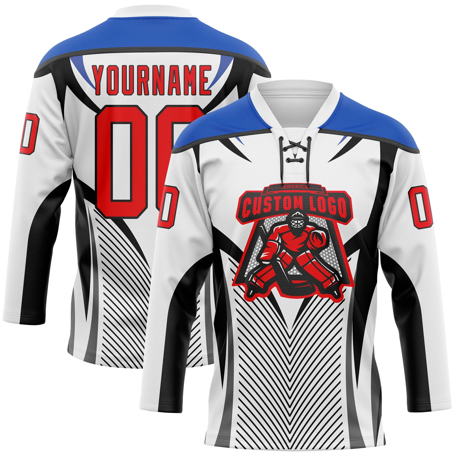 Custom White Fire Red Thunder Blue-Black 3D Abstract Pattern Graphic Cyber Mecha E-sport Hockey Lace Neck Jersey