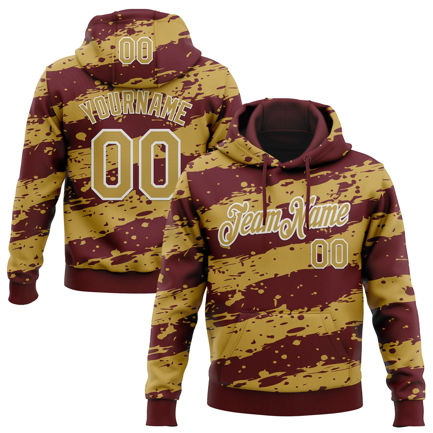 Custom Stitched Burgundy Old Gold-White 3D Pattern Design Splash Torn Paper Style Sports Pullover Sweatshirt Hoodie