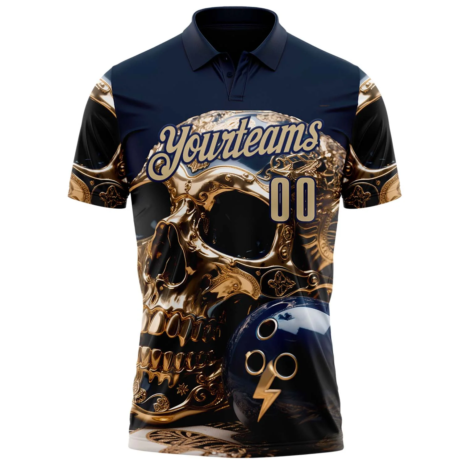 Custom Navy Vegas Gold 3D Metal Skull Bowling Performance Polo Shirt