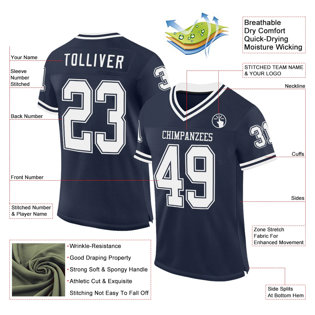 Custom Navy White Mesh Authentic Throwback Football Jersey