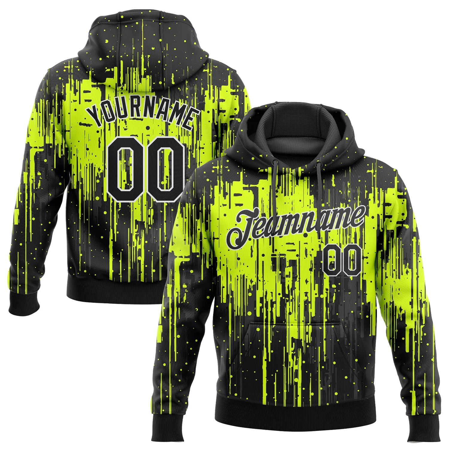 Custom Stitched Neon Green Black-White 3D Pattern Design Dripping Splatter Art Sports Pullover Sweatshirt Hoodie
