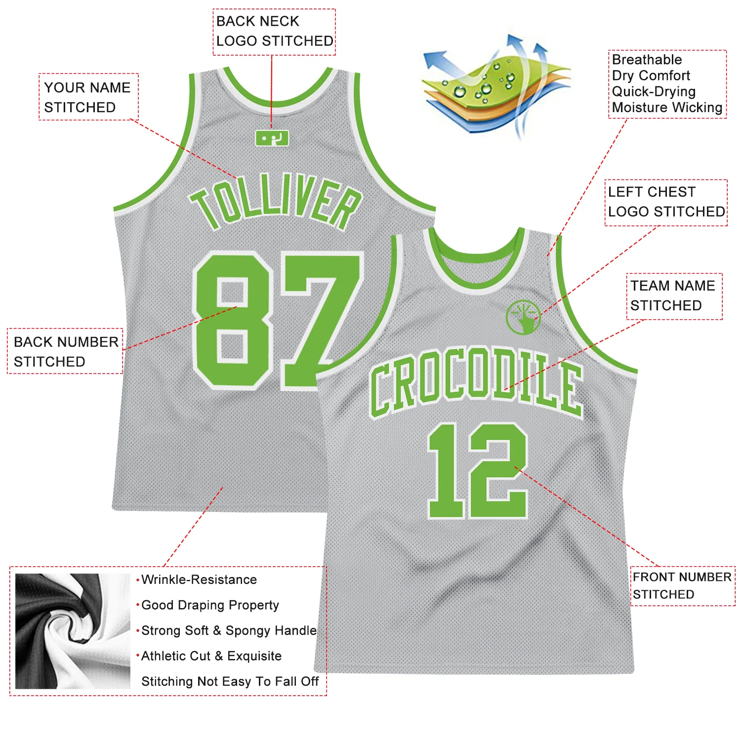 Custom Gray Neon Green-White Authentic Throwback Basketball Jersey