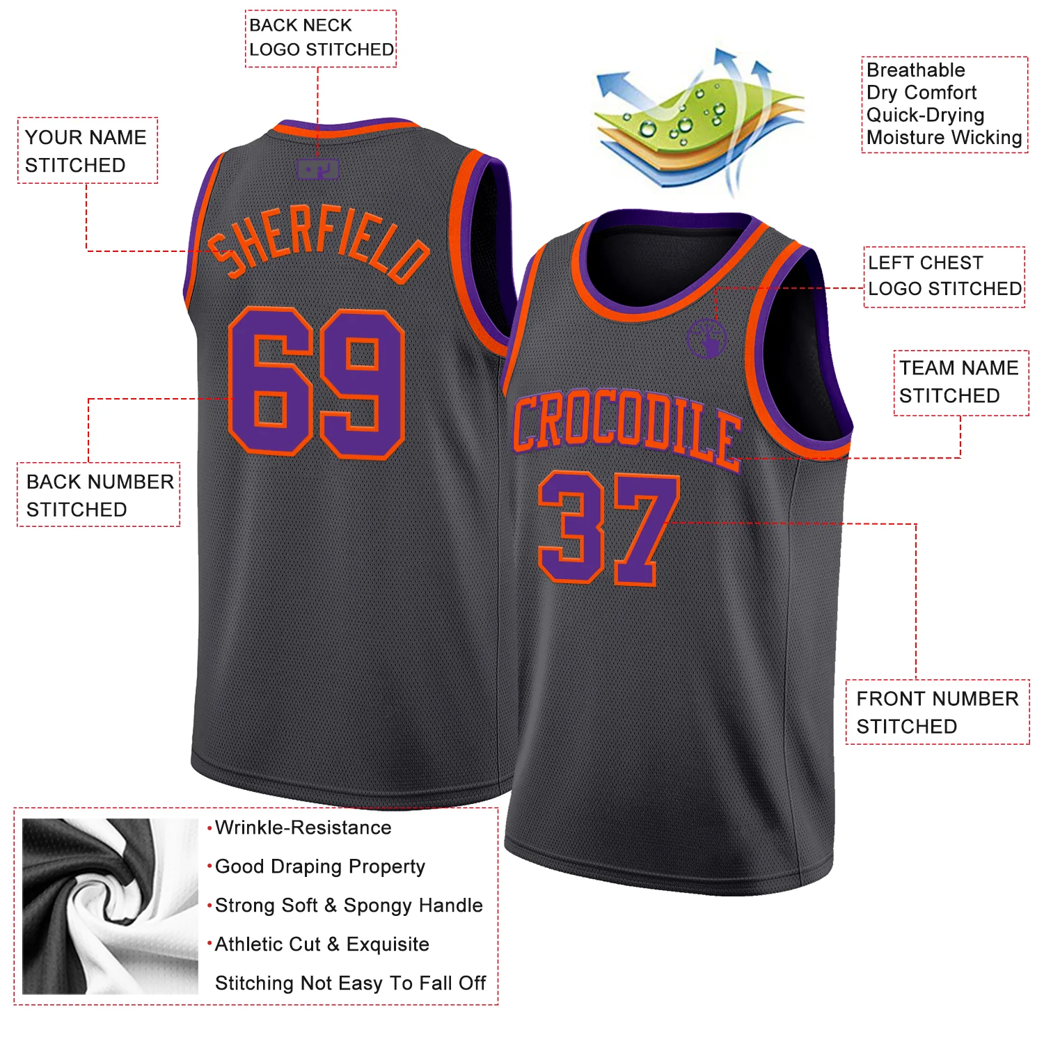 Custom Steel Gray Purple-Orange Authentic Basketball Jersey