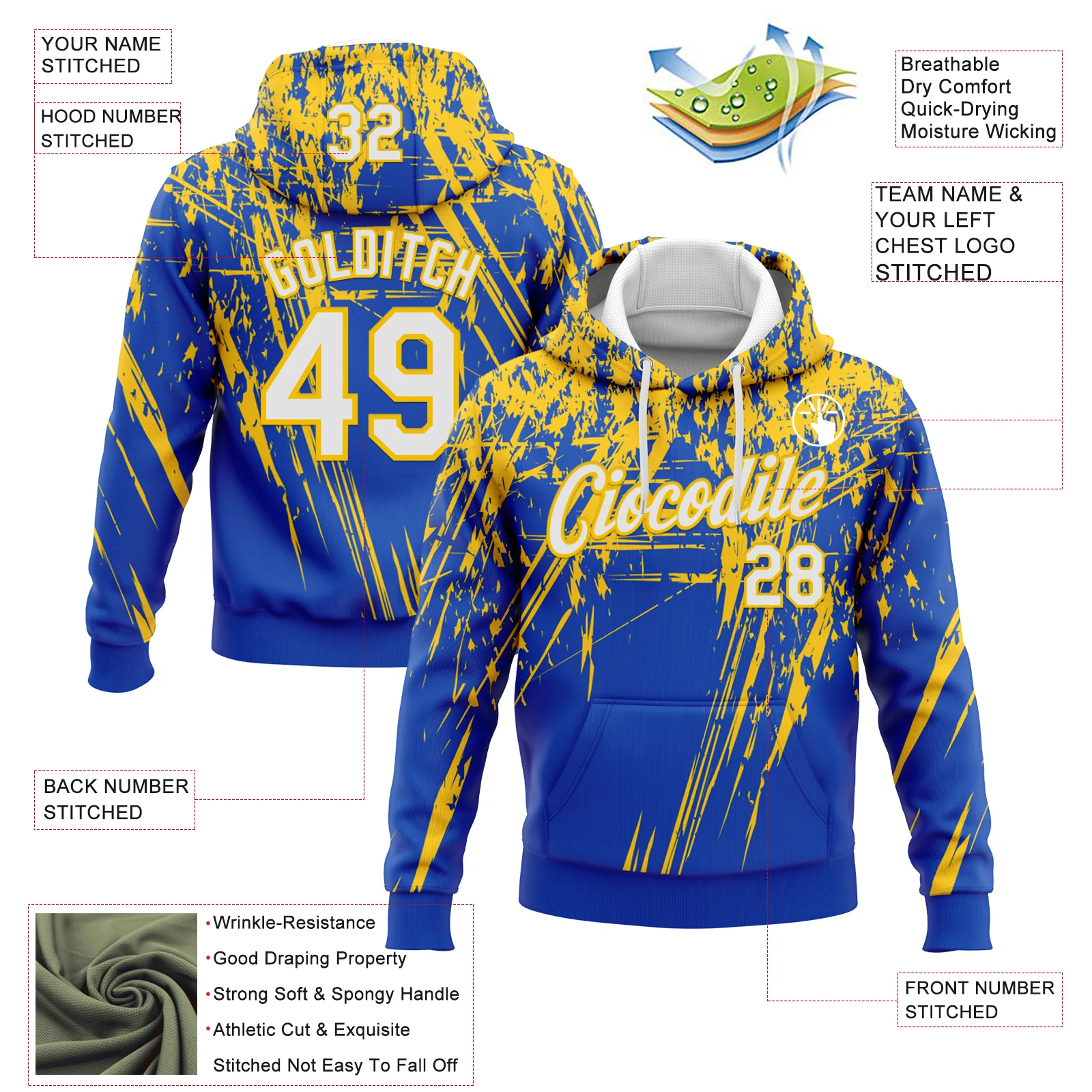Custom Stitched Thunder Blue White-Yellow 3D Pattern Design Splash Grunge Art Sports Pullover Sweatshirt Hoodie