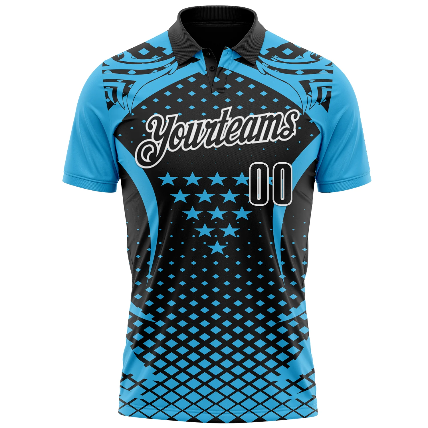 Custom Sky Blue Black-White 3D Pattern Design Star And Geometric Shapes Performance Polo Shirt