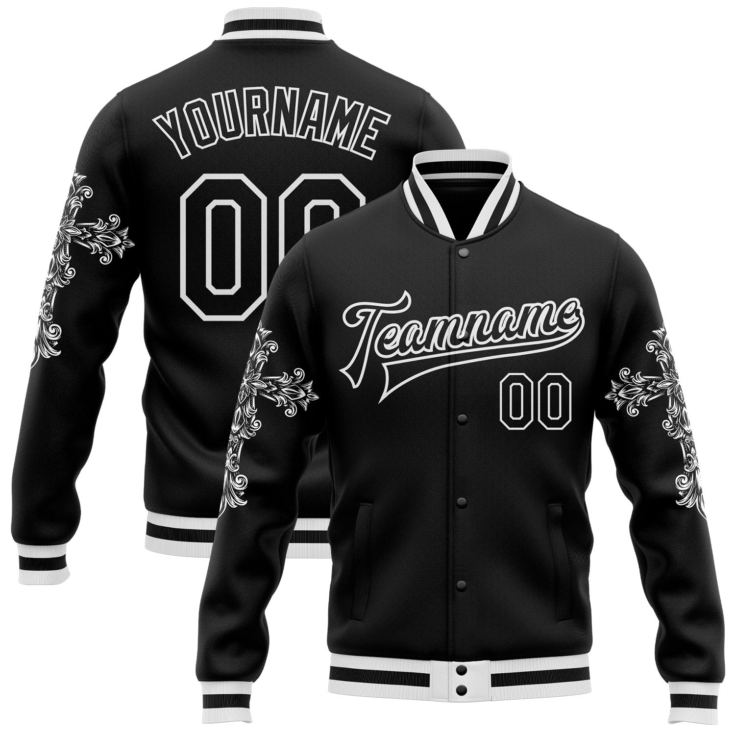 Custom Black White Gothic Crosses 3D Pattern Design Bomber Full-Snap Varsity Letterman Jacket