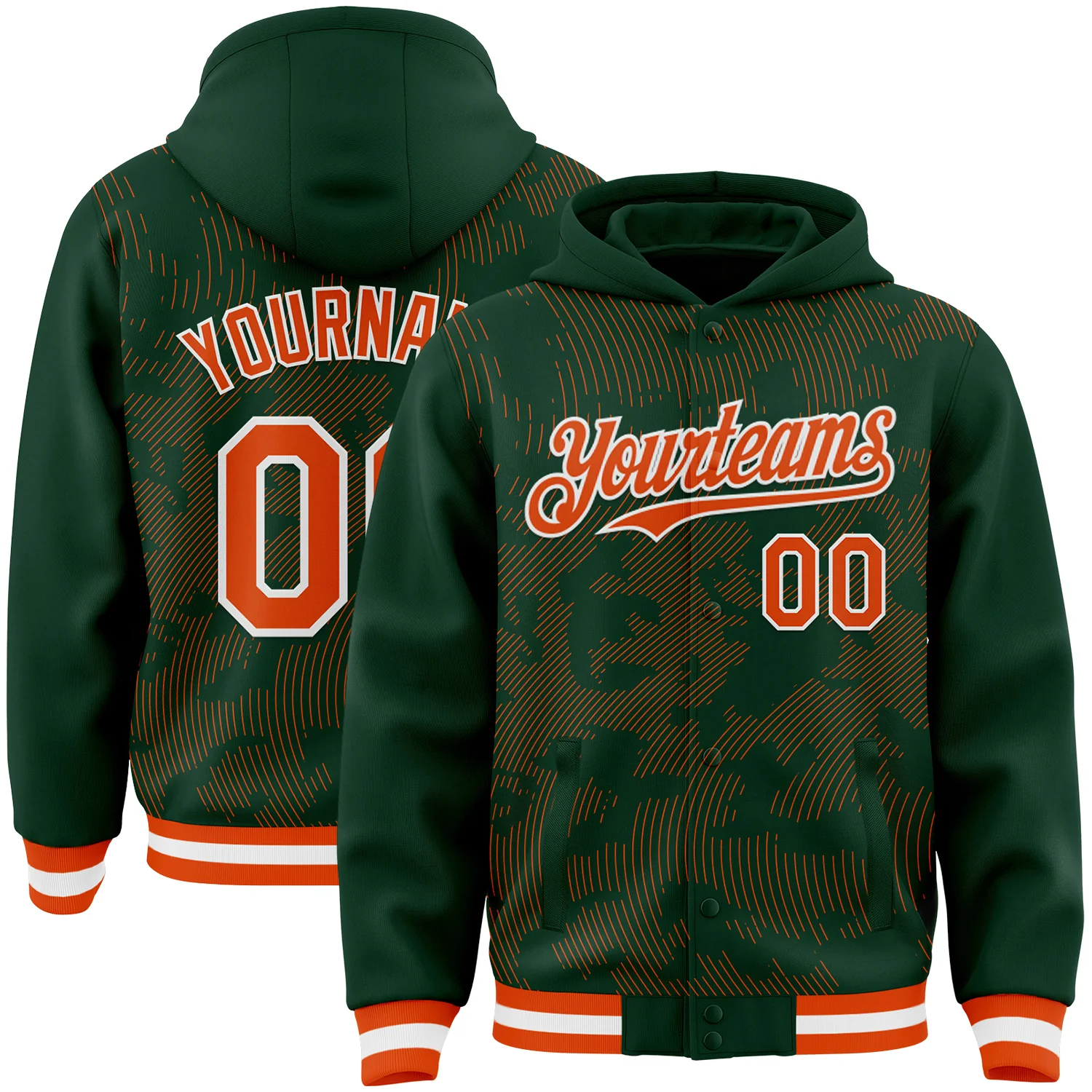 Custom Green Orange-White Curve Lines 3D Pattern Design Bomber Full-Snap Varsity Letterman Hoodie Jacket