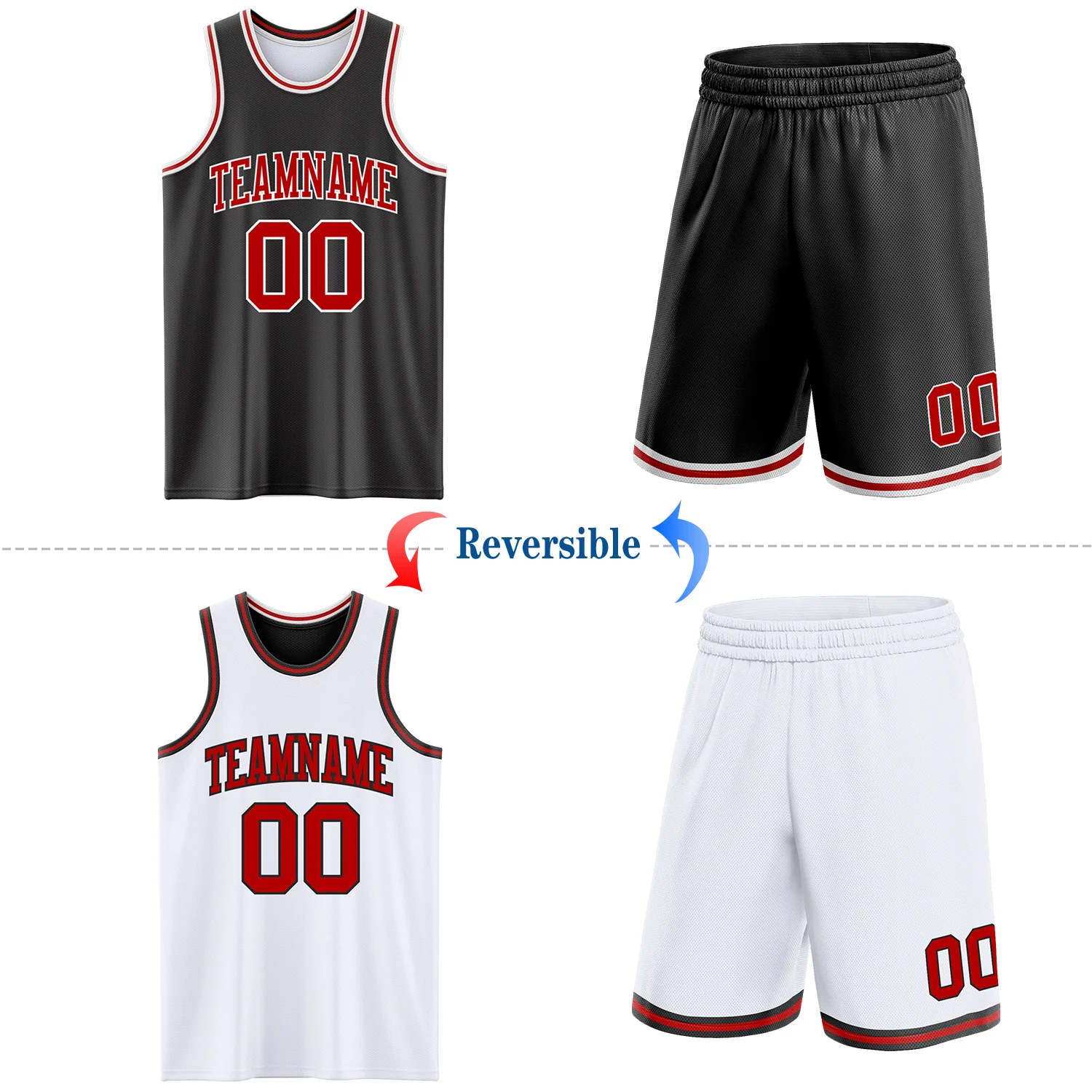 Custom Reversible Black Red-White Double Side Sublimation Basketball Suit Jersey