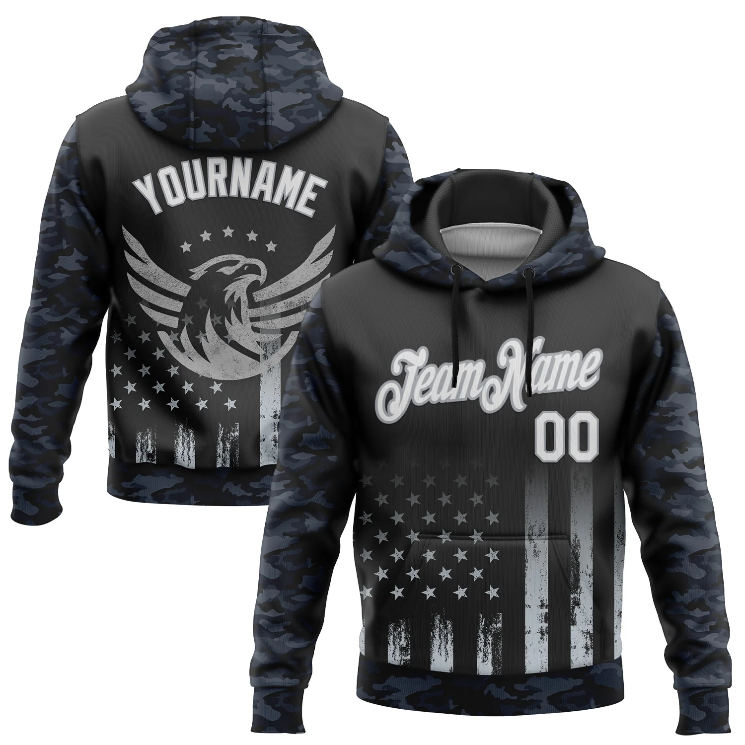 Custom Stitched Black White Camo-Gray 3D American Flag Retro Distressed Eagle Grunge Sports Pullover Sweatshirt Hoodie