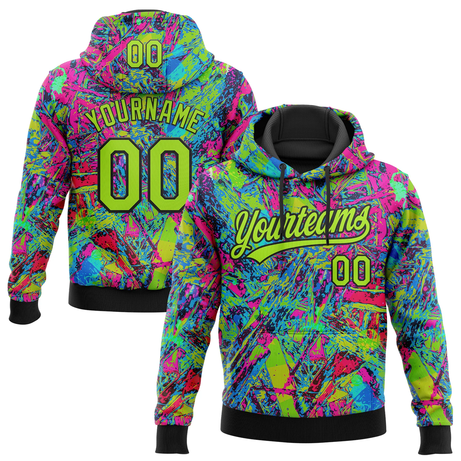 Custom Stitched Graffiti Pattern Neon Green-Black 3D Abstract Splatter Sports Pullover Sweatshirt Hoodie