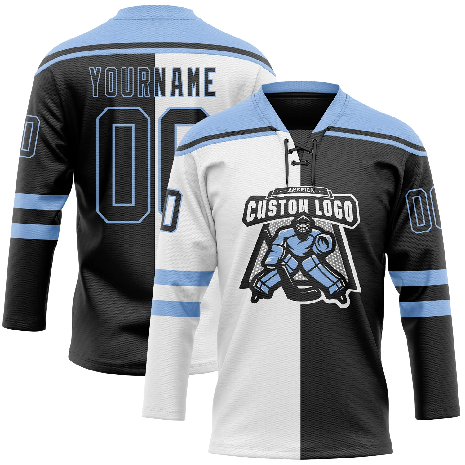 Custom Black Light Blue-White Split Fashion Hockey Lace Neck Jersey
