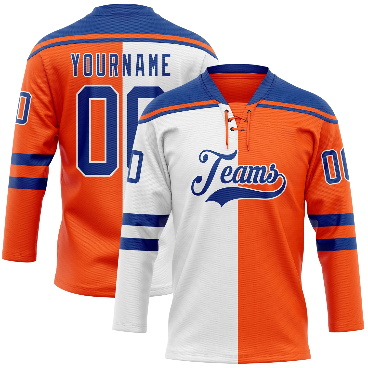 Custom Orange Royal-White Split Fashion Hockey Lace Neck Jersey