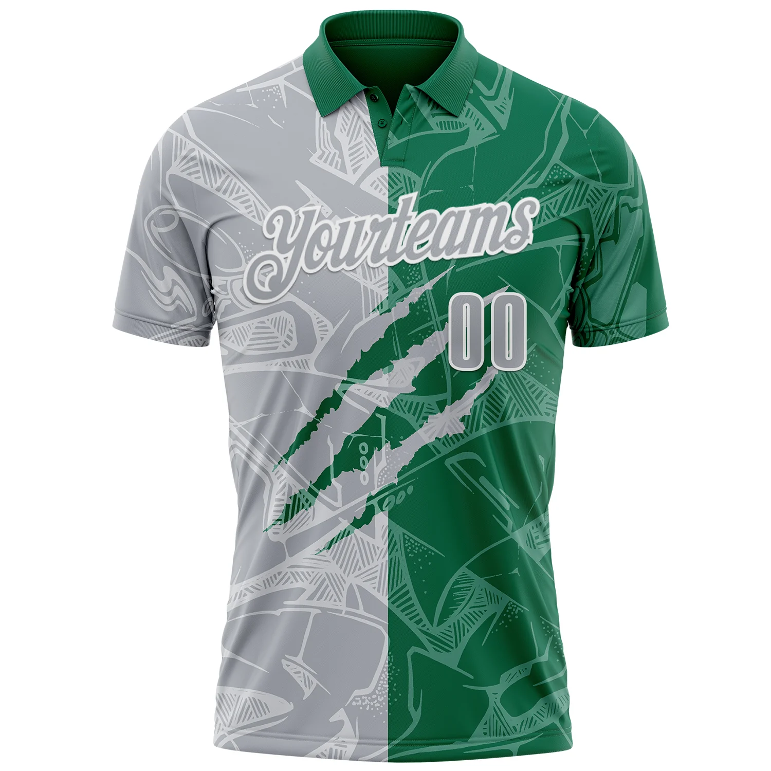 Custom Graffiti Pattern Gray Kelly Green-White 3D Scratch Performance Polo Shirt