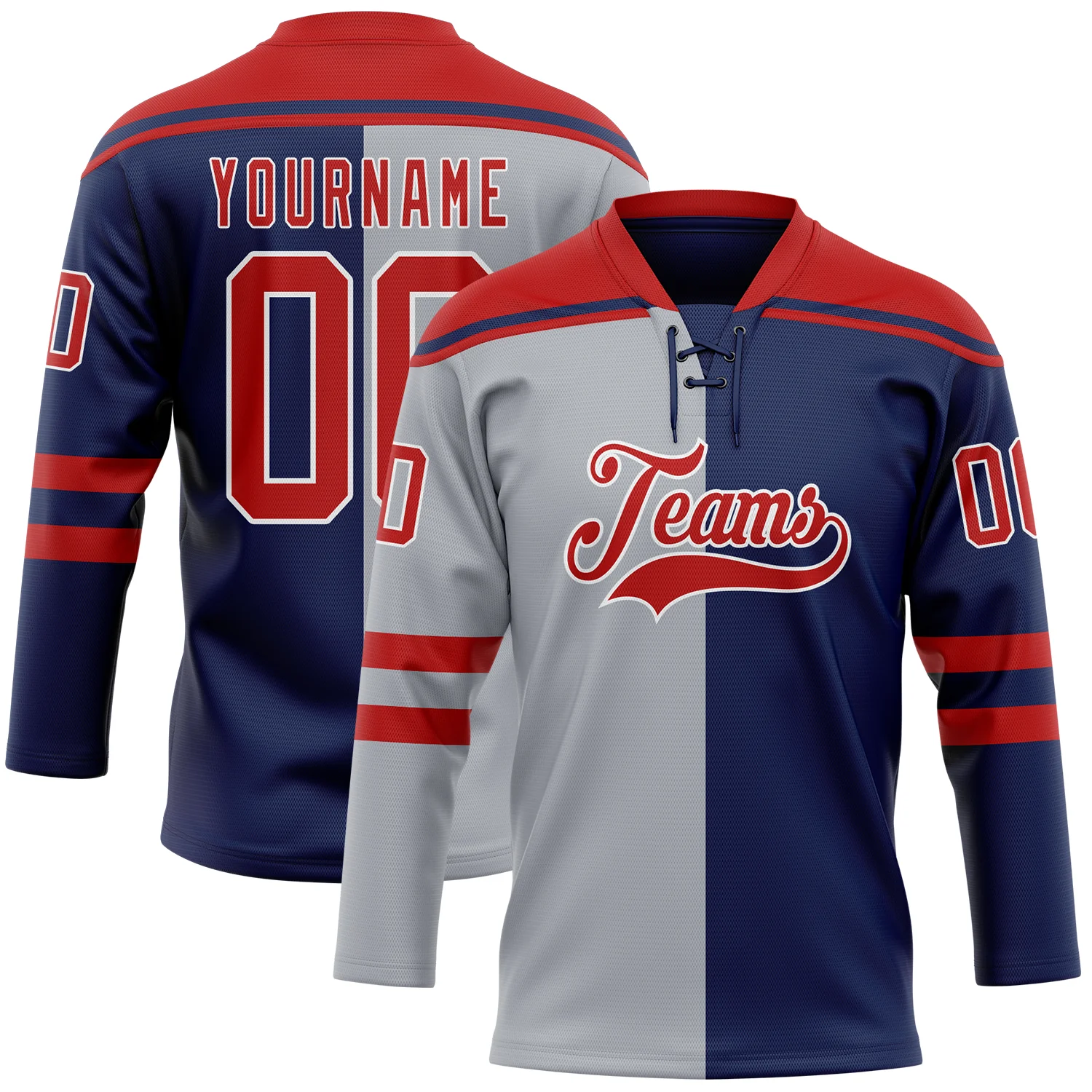 Custom Navy Red Gray-White Split Fashion Hockey Lace Neck Jersey