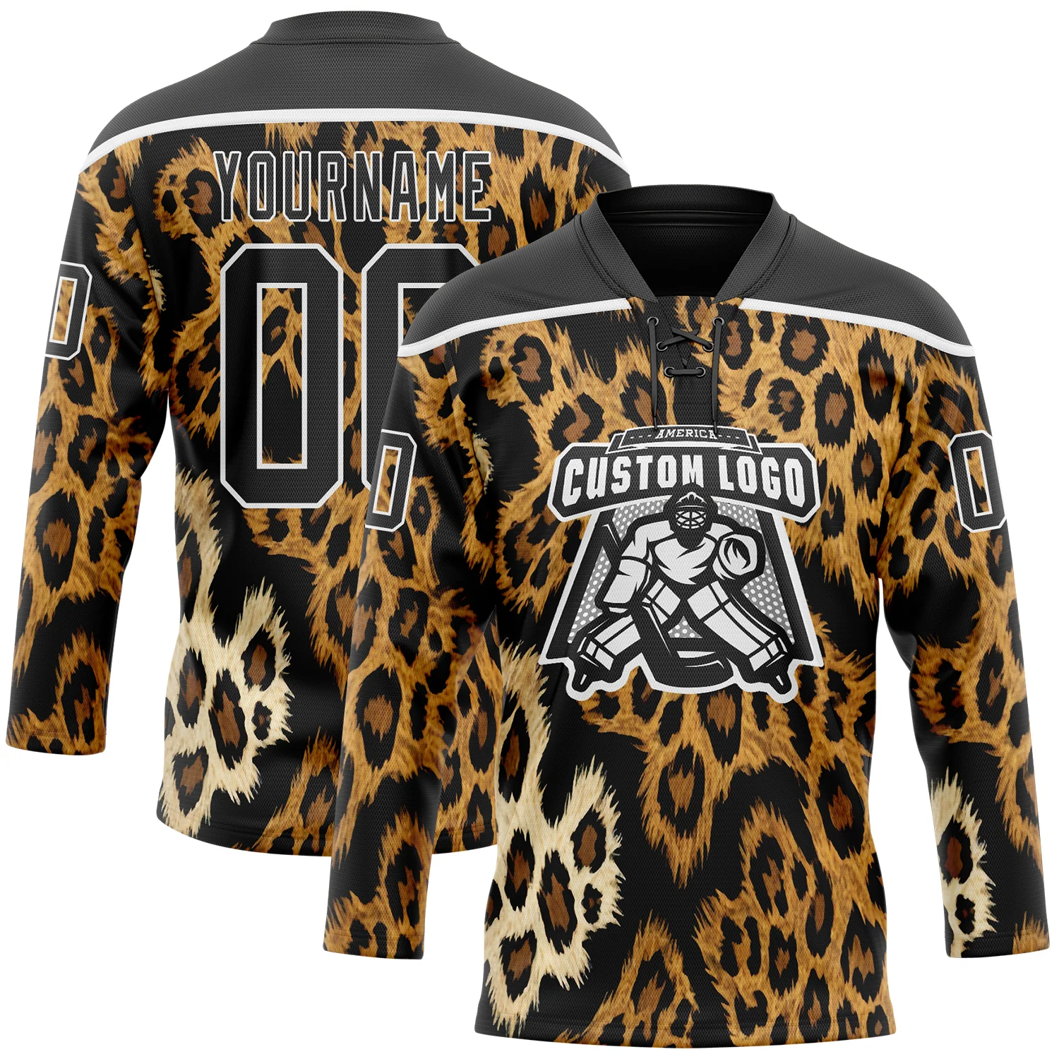 Custom Black Brown Cream-White 3D Pattern Leopard Print Hockey Lace Neck Jersey
