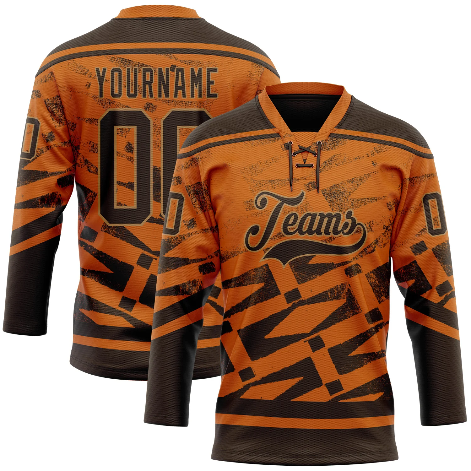Custom Texas Orange Brown-Old Gold 3D Pattern Tribal Indigenous Gradient Geometric Splash Hockey Lace Neck Jersey