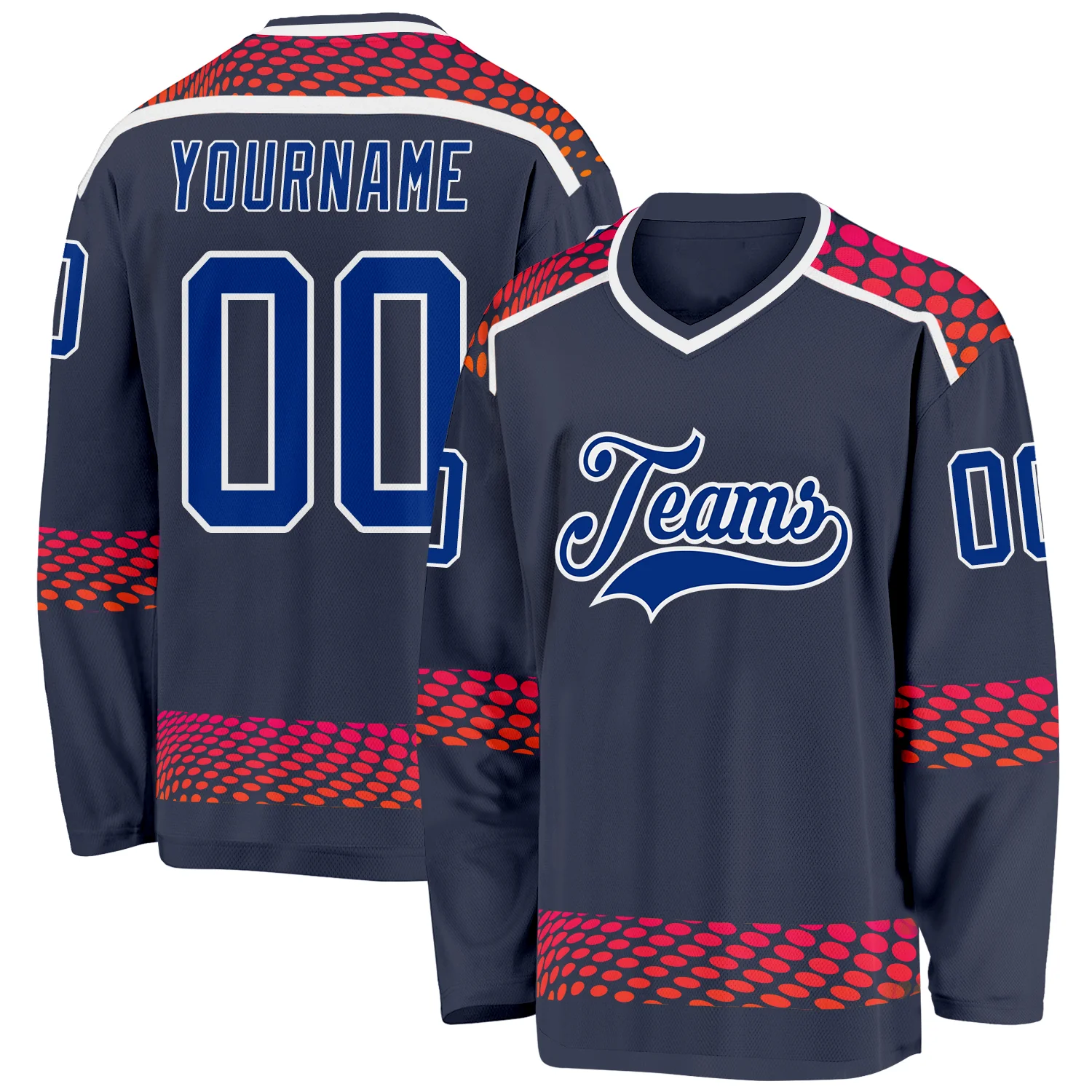 Custom Navy Royal Red-White 3D Pattern Round Hockey Jersey