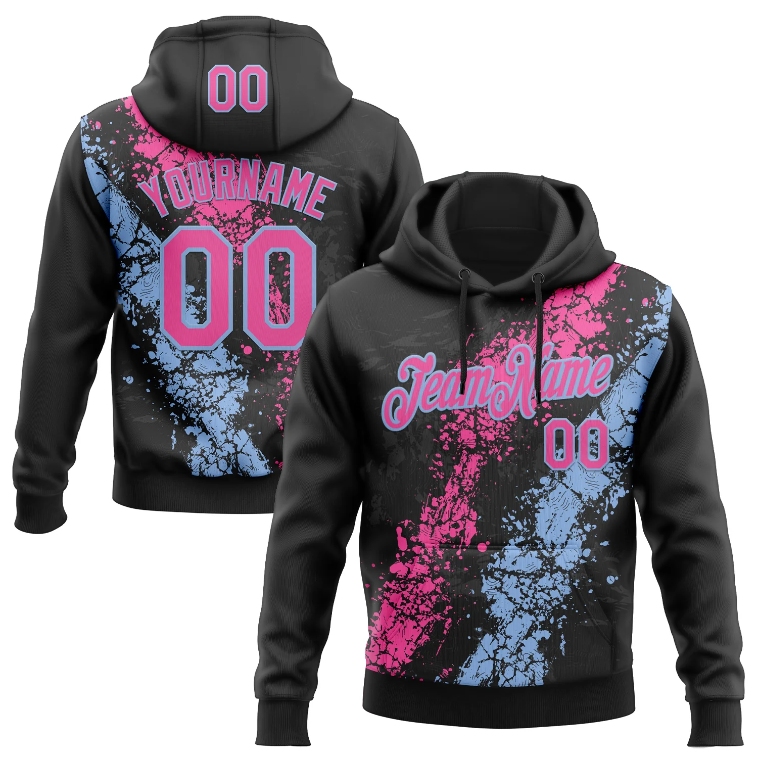 Custom Stitched Black Pink-Light Blue 3D Pattern Design Splash Sports Pullover Sweatshirt Hoodie