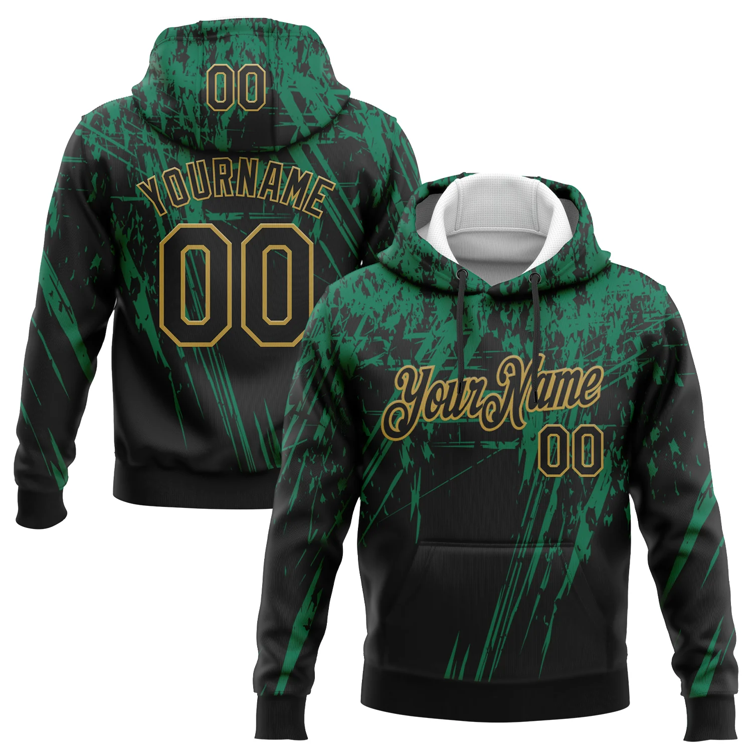 Custom Stitched Black Kelly Green-Old Gold 3D Pattern Design Splash Grunge Art Sports Pullover Sweatshirt Hoodie